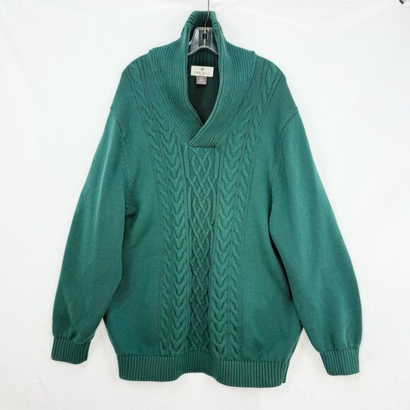 Oak Hill 3XL Green Cotton Shawl Collar Vneck Cable Knit pullover Sweater - Picture 1 of 16